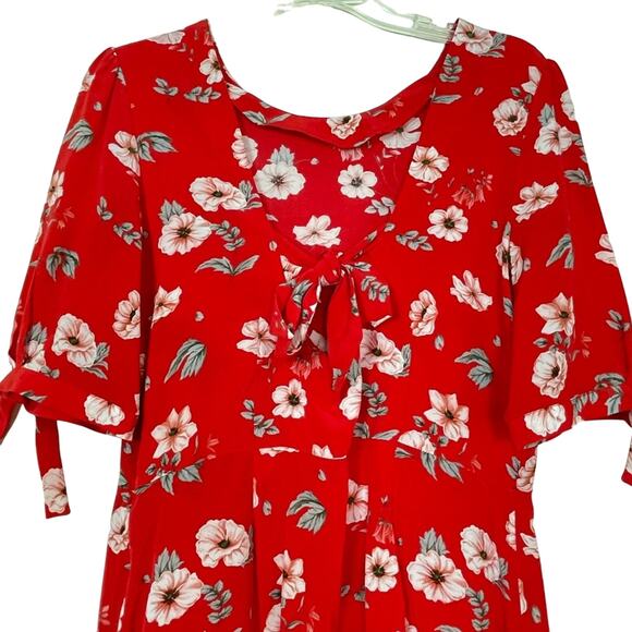 Intermix Silk Red Floral Mini dress flower shift cut out back ties bow twee sz M - Picture 6 of 13
